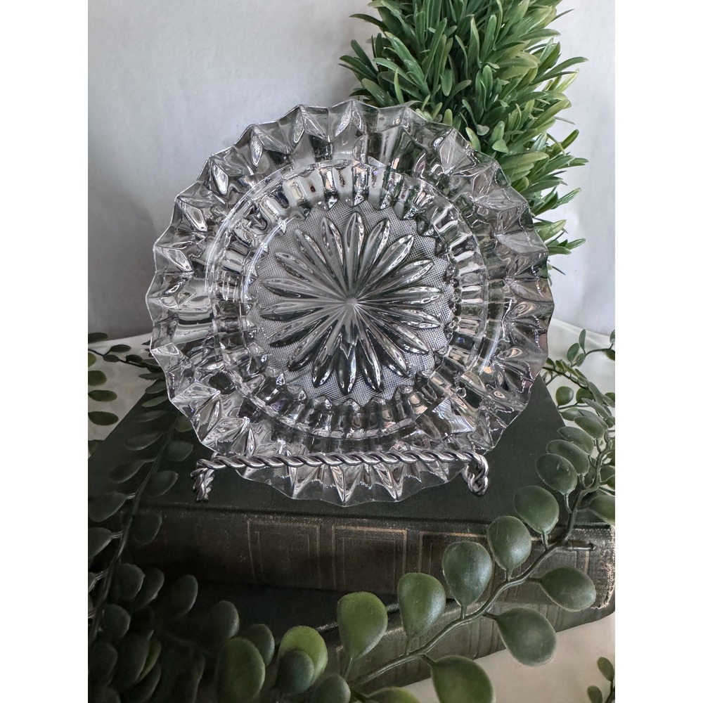 Vintage Clear Cut Glass Ashtray Starburst Sunburst Scalloped Edge Trinket Dish
